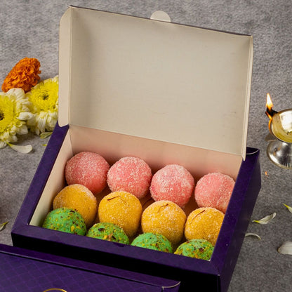 Assorted Sugar-Free Laddoo Box - Rose, Kesar-Elaichi, and Pista Laddoos by Fourmet Co.
